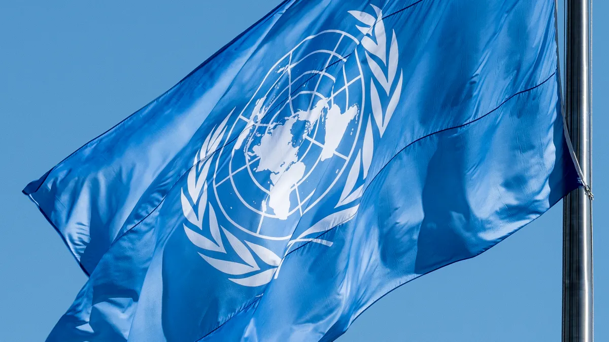 A view of the United Nations flag outside the General Assembly Hall.