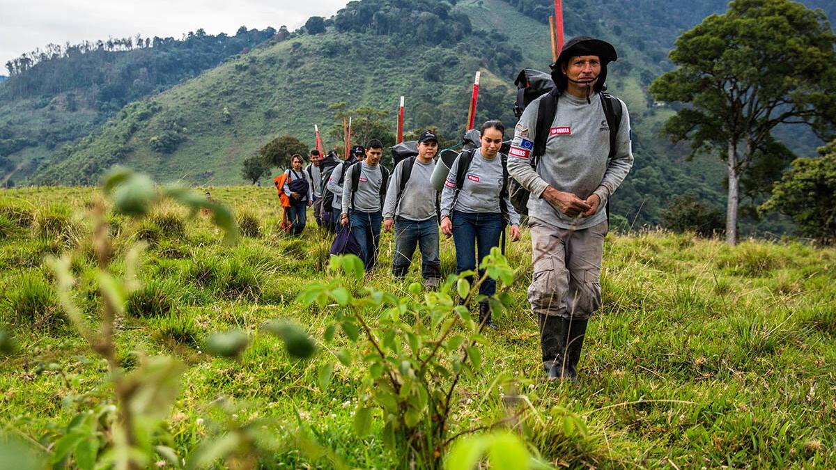 a group of man walking in line in a field