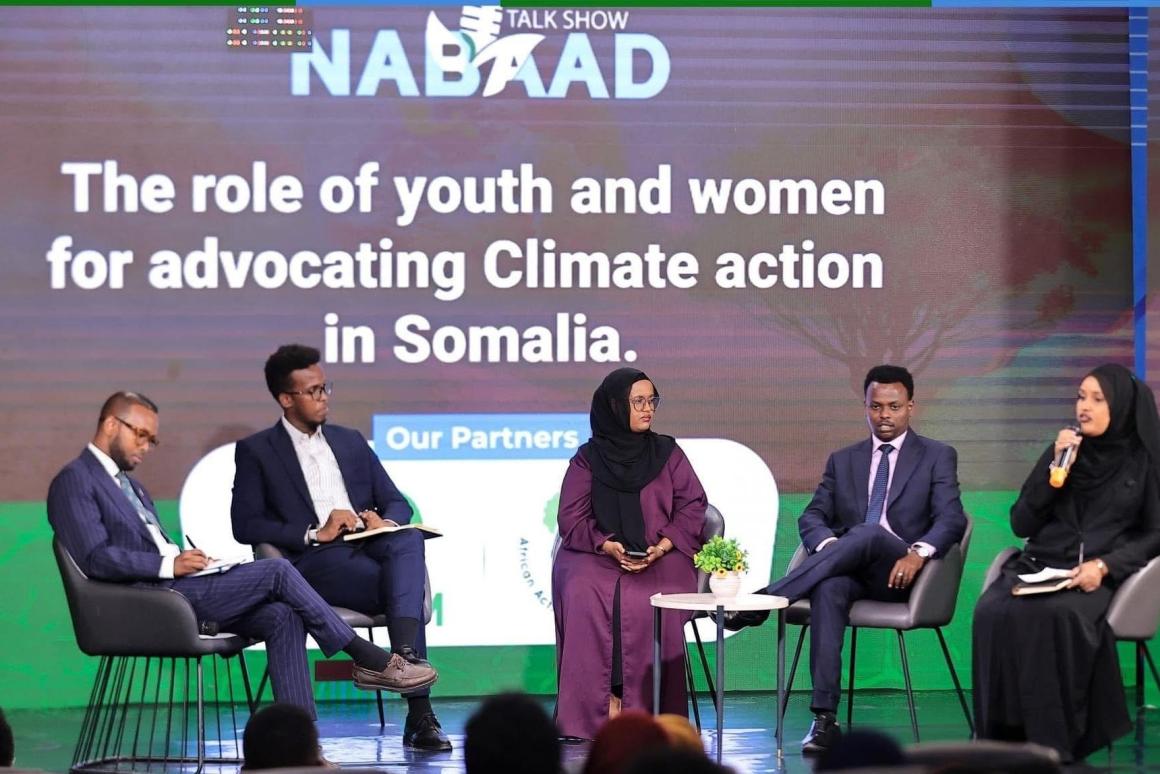 Abdishakur Abdirahman in a talk show titled "NABAAD", focusing on "The role of youth and women for advocating climate action in Somalia".